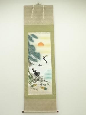 珠香筆　松竹梅鶴亀　肉筆絹本掛軸（共箱）